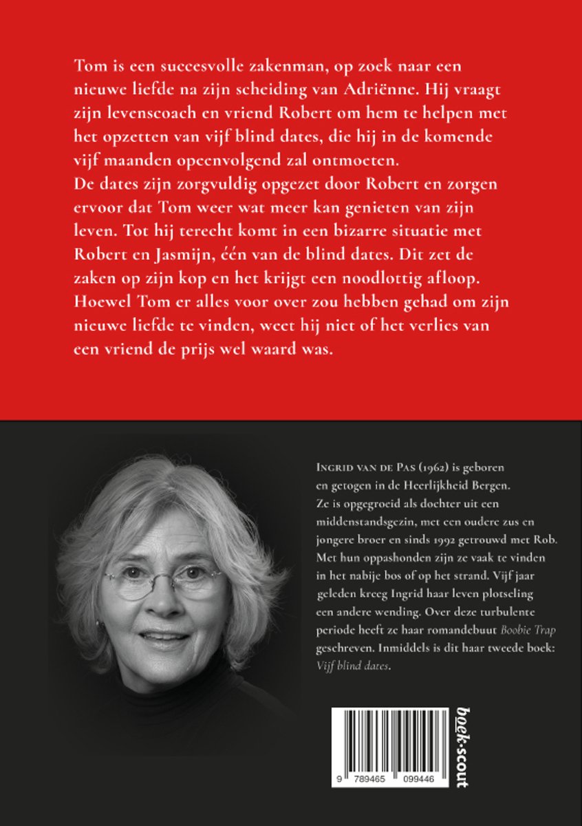 Portret van schrijfster Ingrid van de Pas met grijzend haar en bril, met boekinformatie.