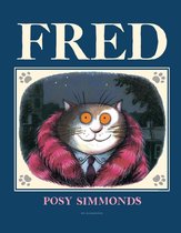 Een illustratie van Fred de kat, met een dikke roze bontkraag en een stropdas. Titel "FRED" en "POSY SIMMONDS" in witte letters.