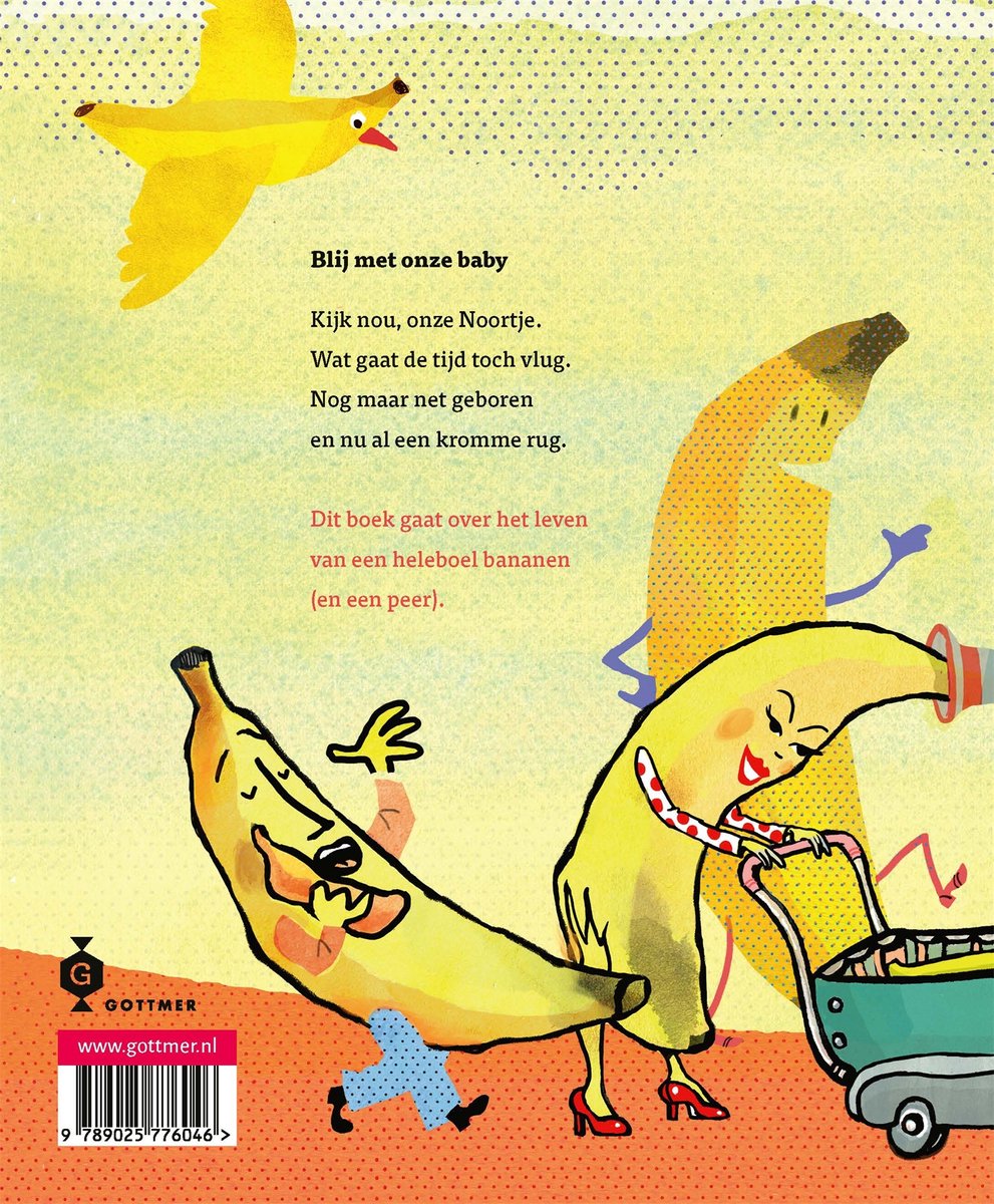 De achterkant van een kinderboek met tekeningen van bananen, waaronder een babybanaan in een kinderwagen. De tekst 'Blij met onze baby' is zichtbaar.