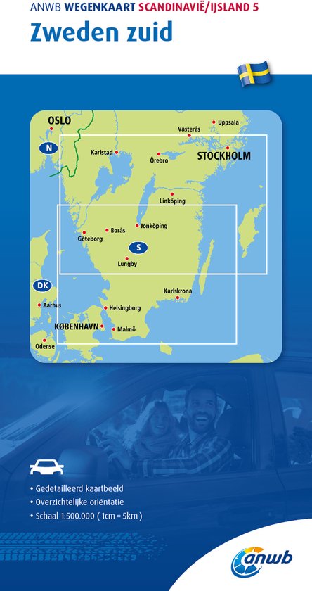 Carte routière de la Suède du Sud avec des villes comme Oslo, Stockholm, Copenhague. Montre une carte à l'échelle 1:500.000 et un couple dans une voiture.