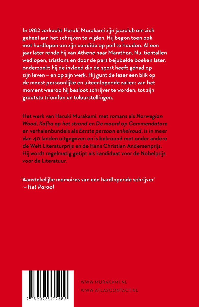 Achterkant boek met tekst over Haruki Murakami's leven en werk, en de roman 'Waarover ik praat als ik over hardlopen praat'.