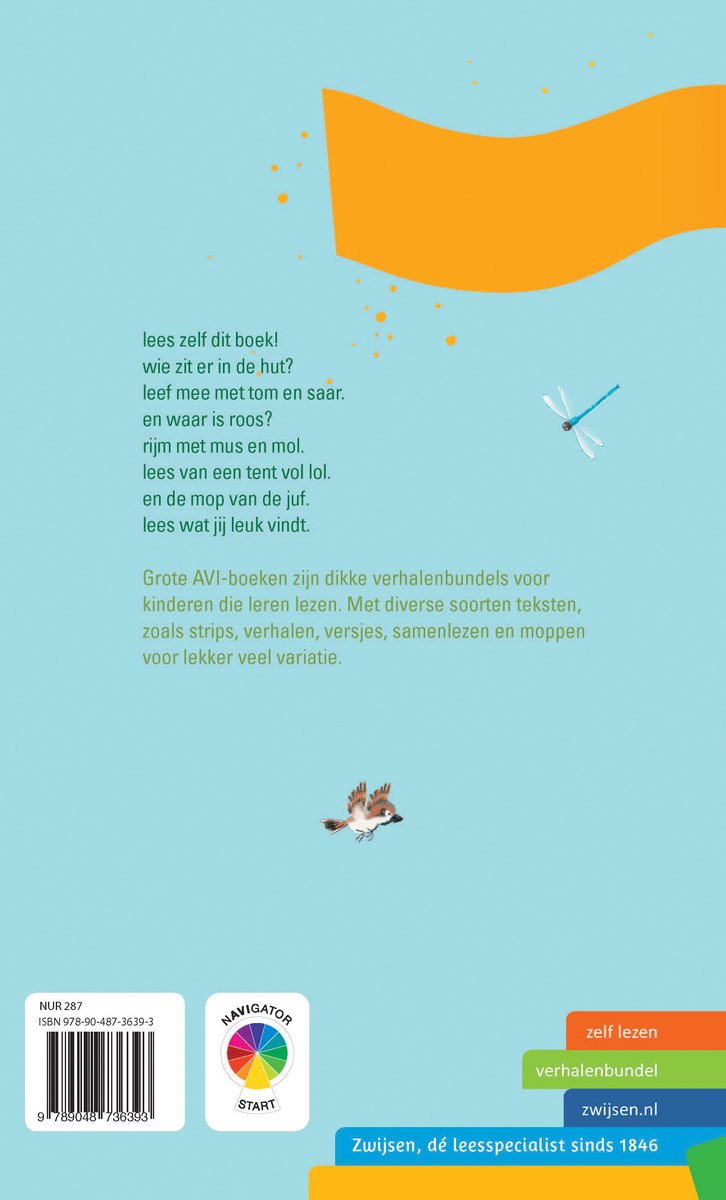 Achterkant van een kinderboek met tekst en illustraties van een libel en een mus. De titel "Grote AVI-boeken" wordt vermeld.