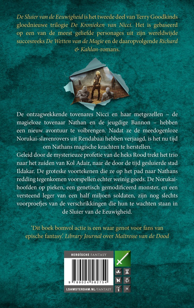Boekomslag van 'De Sluier van de Eeuwigheid' (De Kronieken van Nicci, tweede boek) met Nicci en haar metgezellen in gevecht. Vechtende tovenaars met magische krachten.