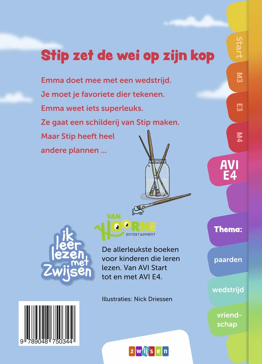 Boekomslag met de titel 'Stip zet de wei op zijn kop'. Een pot met schildersspullen en een gedicht.