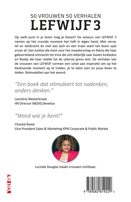 Boek kaft: LEFWIJF 3, 50 vrouwen 50 verhalen. Foto van Leontine Westerbroek en Chantal Roest. Achterkant boek met tekst en barcode.