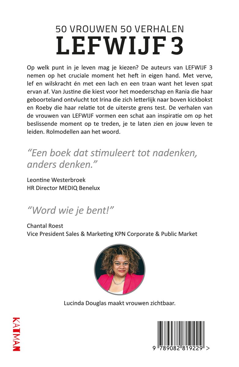 Boek kaft: LEFWIJF 3, 50 vrouwen 50 verhalen. Foto van Leontine Westerbroek en Chantal Roest. Achterkant boek met tekst en barcode.