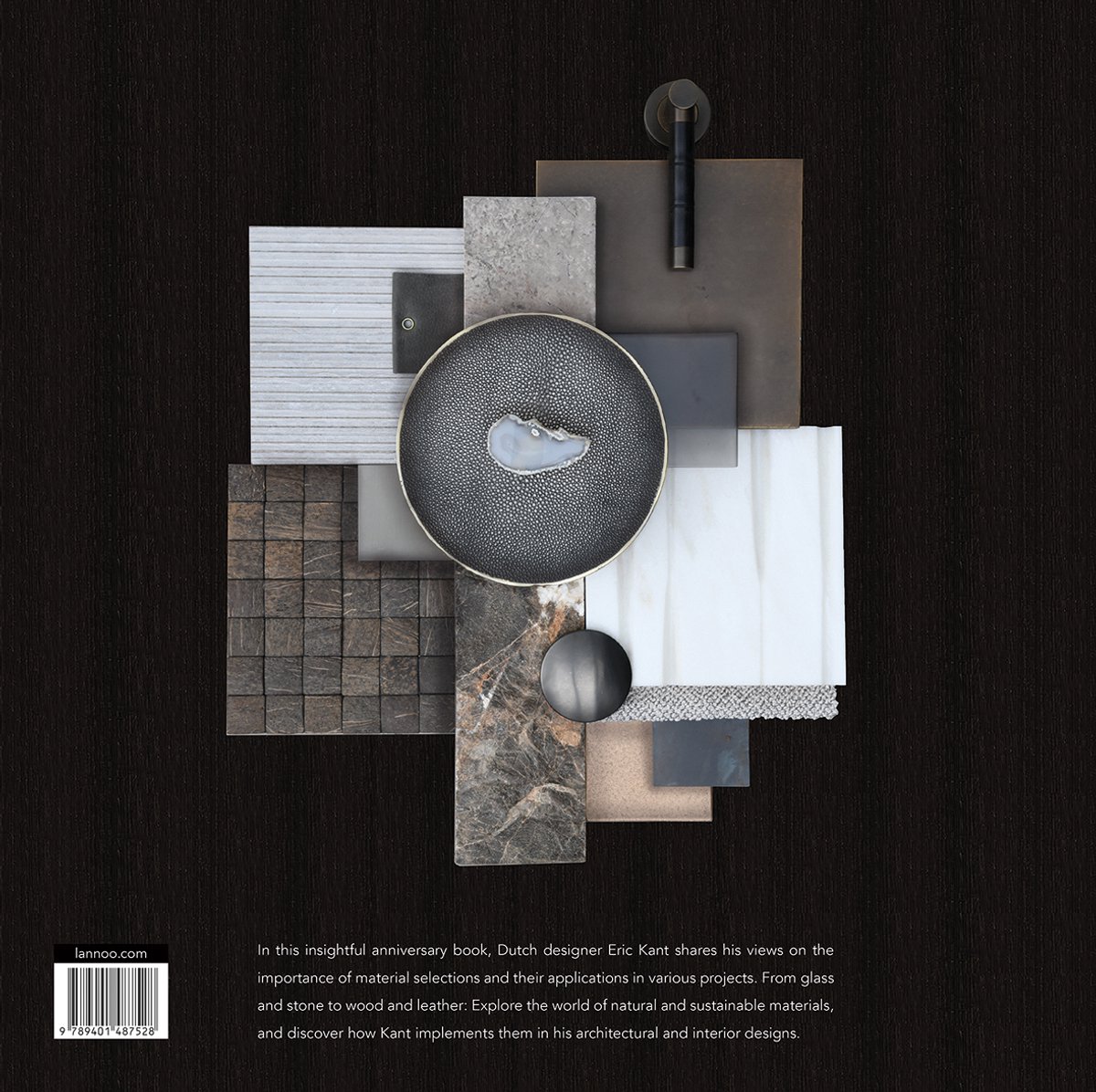 Boekomslag met diverse materiaalstalen, waaronder hout, steen en metaal, gearrangeerd in een collage.