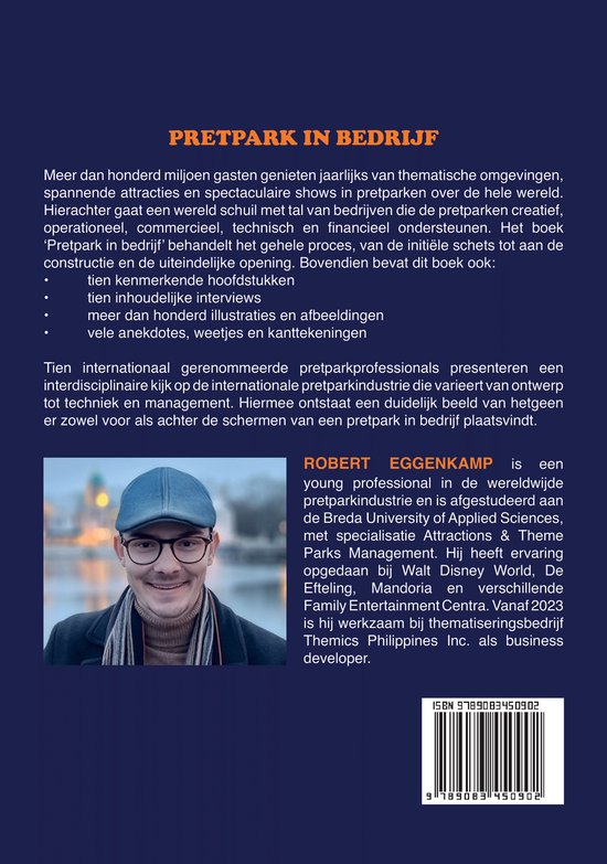 Boek met tekst over pretparken en een portret van Robert Eggenkamp.
