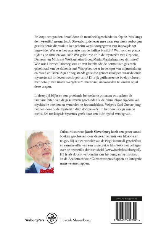 Boek met portret van Jacob Slavenburg, auteur van 'Een reis langs de mysteriën'.