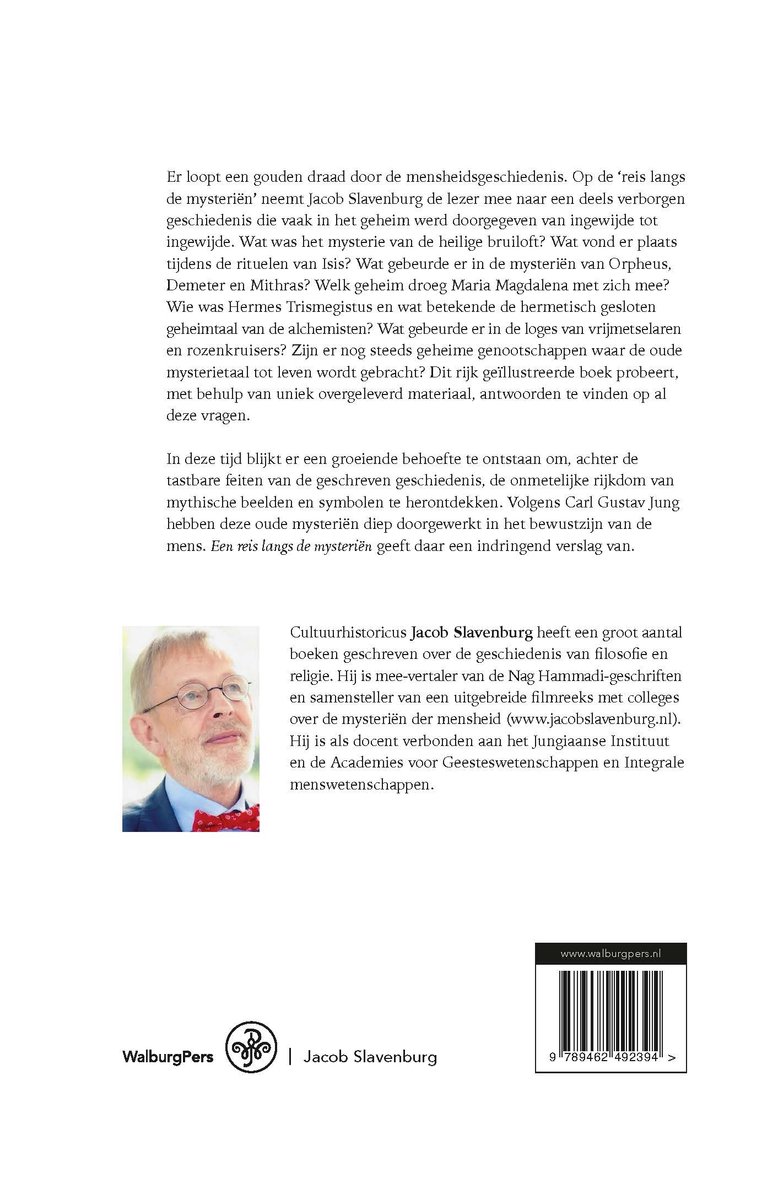 Boek met portret van Jacob Slavenburg, auteur van 'Een reis langs de mysteriën'.