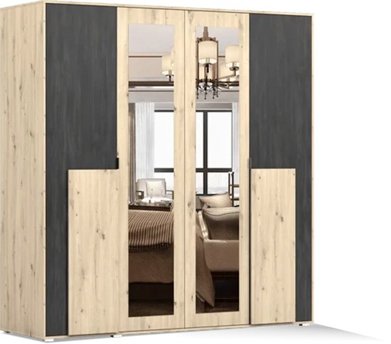 Armoire MALEZJA 200 cm - Armoire 4 portes battantes avec miroir, tringles à vêtements et étagères - Armoire pour chambre, entrée et salon - Armoire moderne avec grand espace de rangement