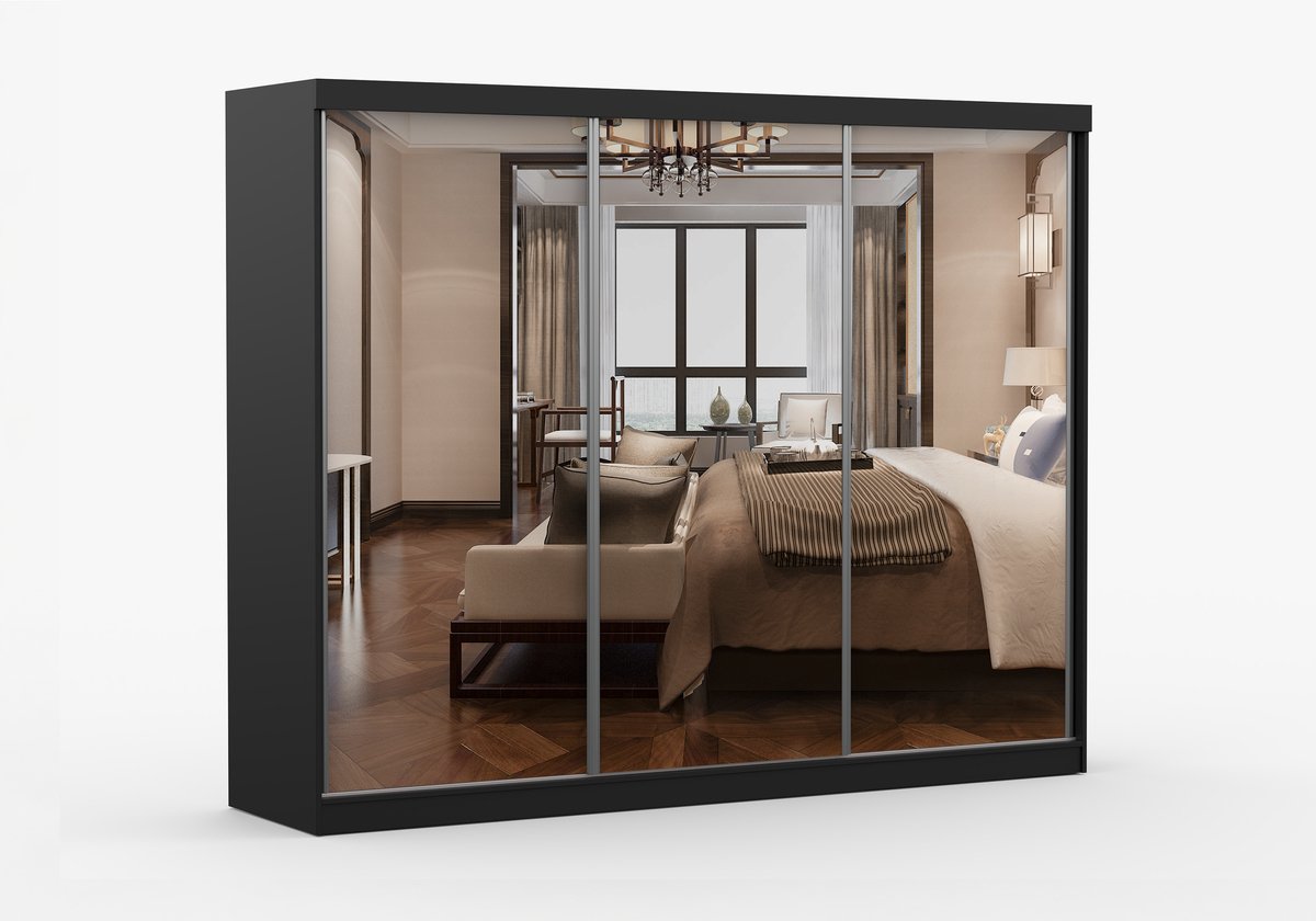 Kledingkast MILKO 250 cm - 3-deurs schuifdeurkast met spiegel, 3 lades en kledingstang - Garderobekast met ruime opbergruimte - Moderne kast voor slaapkamer en hal (Zwart)