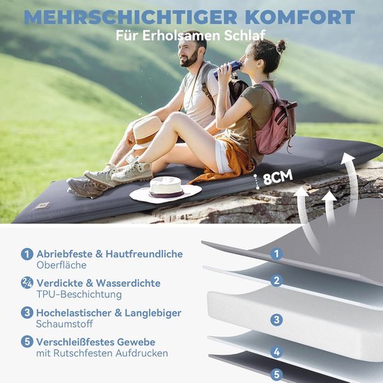 Dubbel zelfopblaasbare slaapmat met ingebouwde elektrische pomp - 8 cm dik - Campingmat voor buiten, tent of auto van Merkloos — afbeelding 5