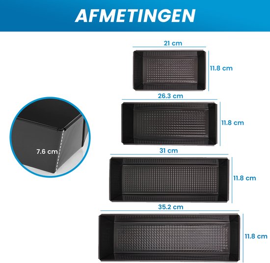 Illustratie met afmetingen van vier gestapelde donkergrijze bakvormen in verschillende lengtes.