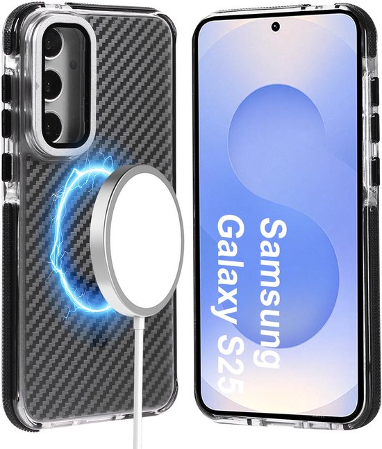 Étui Magsafe adapté pour Samsung S25 / S24, étui en carbone Heavy Duty Zwart avec côtés renforcés, MagSafe et béquille d'appareil photo
