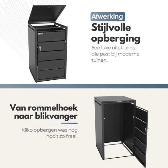 Zwarte, stijlvolle containeropslag met vijf horizontale deuren, open klapdeksel en tekst 'Afwerking Stijlvolle opberging'.