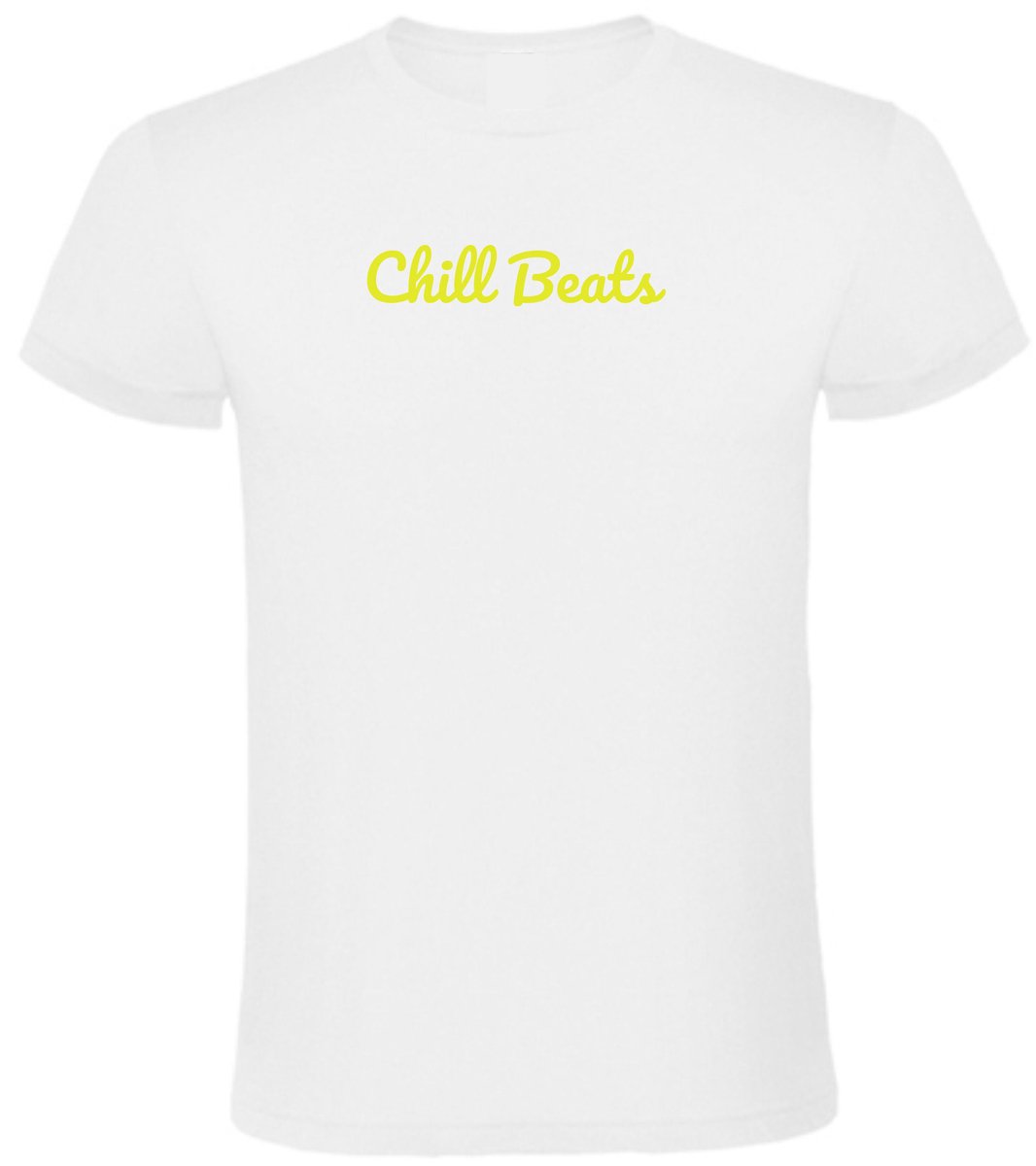 Unisex Zomer Tshirt – CHILL BEATS T-shirt in Neon Large Design EIZOOK Wit