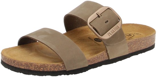 Bruine Plakton slipper met twee banden, waarvan één met gesp. Kurken zool.