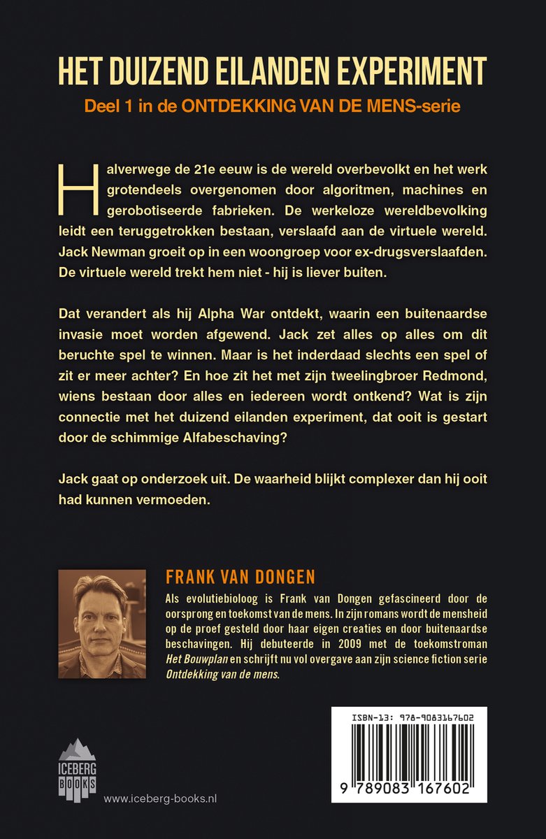 Achterkant boek "Het duizend eilanden experiment" met portret van Frank van Dongen, tekst en barcode.
