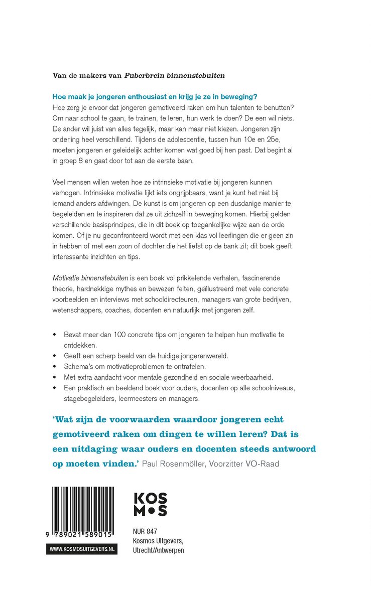 Boek "Motivatie binnenstebuiten" met teksten over het enthousiasmeren van jongeren en een barcode.