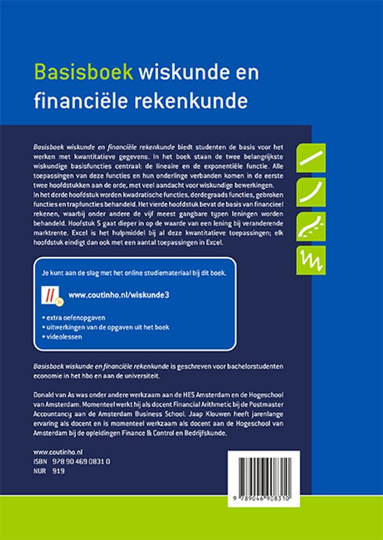Achterkant van het 'Basisboek wiskunde en financiële rekenkunde'. Blauw met groene en witte tekst.
