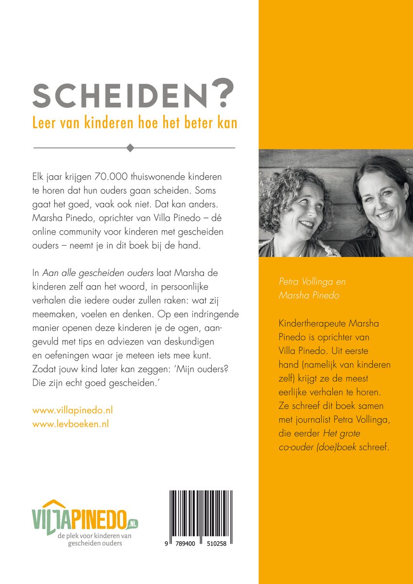 Twee lachende vrouwen, Marsha Pinedo en Petra Vollinga, met tekst 'Scheiden? Leer van kinderen hoe het beter kan.'