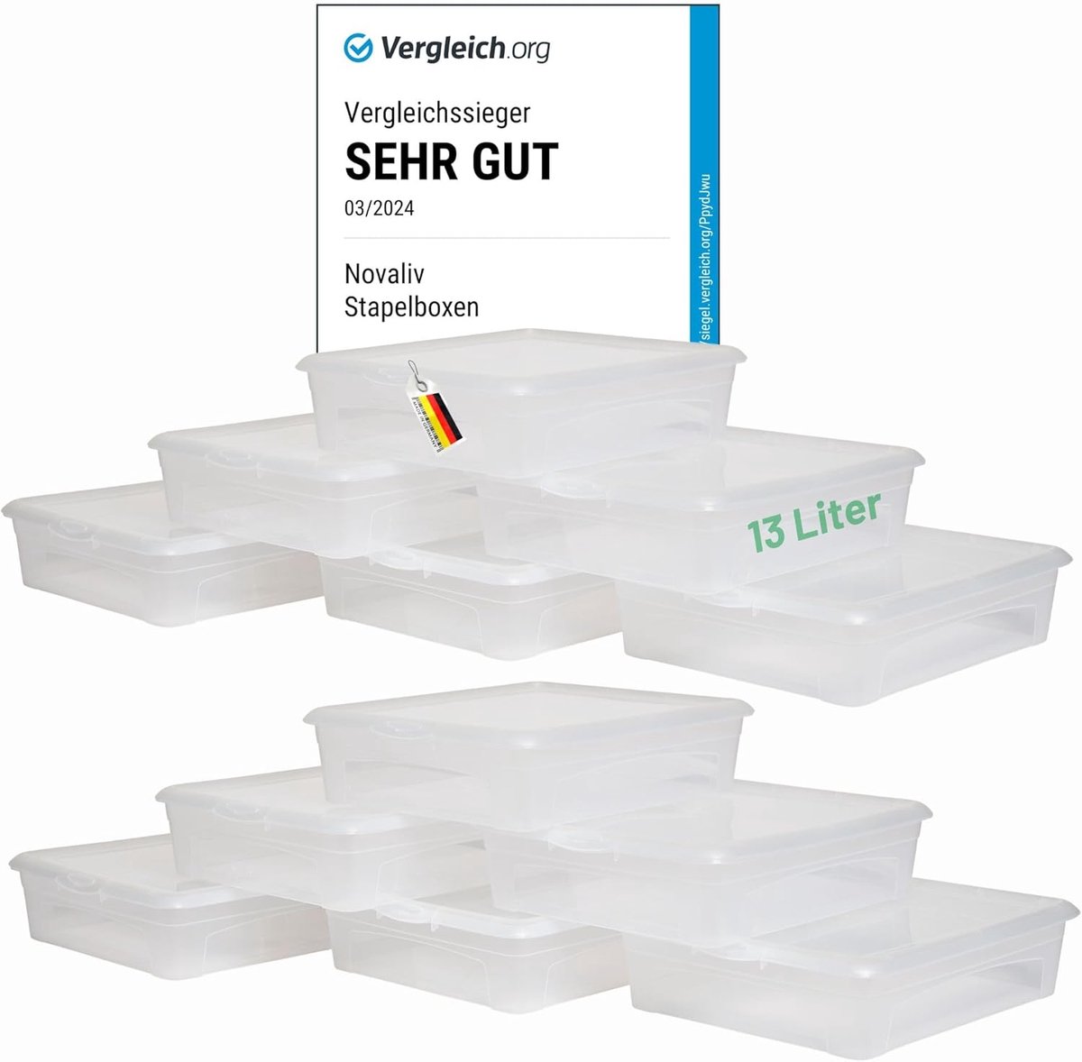 12x opbergdozen met deksel 13L transparante dozen stapelbaar nestbaar opbergdozen met clipsluiting kunststof BPA-vrij 41x34x10 cm