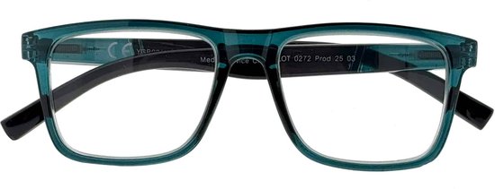 Lunettes turquoise rectangulaires avec du texte sur les branches et la monture.
