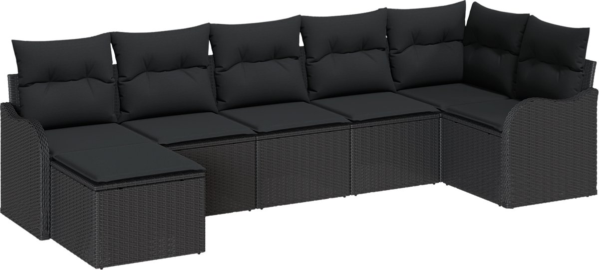 vidaXL - Tuinbank - Set - met - kussen - 7 - pcs - Zwart - Poly - rattan