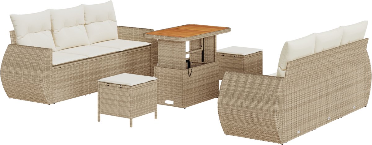 vidaXL - Tuinbank - Set - met - kussen - met - opslag - 9 - pcs - Beige - poly - rattan