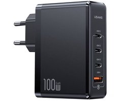 USAMS Oplader 3 USB-C / 1 USB-A 100W GaN PD 3.0 Ultra Snel - Zwart