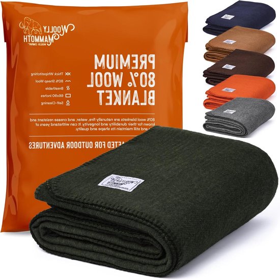 Woolly Mammoth Merino Wollen Deken, Grote Kampdeken Van 168 X 229 Cm En 1 8 Kg Plaid Voor De Hut Koud Weer Noodgevallen Honden Kampeeruitrusting Wandelen Overleven Leger Buiten Jagersgroen 1487419557