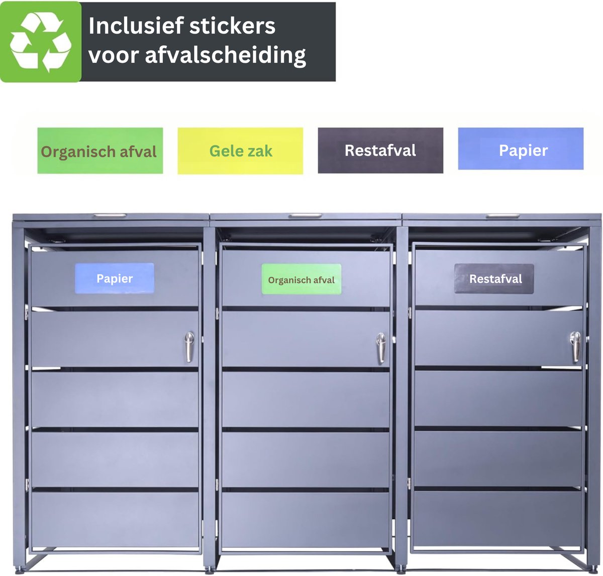Albatros afvalcontainerbox voor 3 containers | tot 240 liter | antracietgrijs RAL 7016 | verzinkt staal | premium dempers | stickerset | weerbestendig | verstelbare poten | deurklink met slot | tuinbox — afbeelding 6