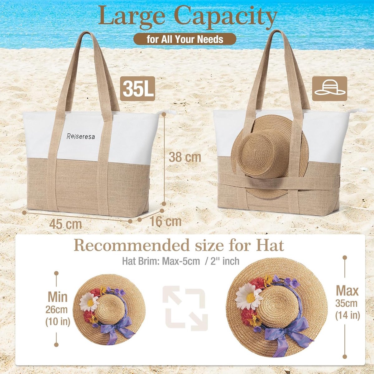 wokdsbl Beige strandtas XXL dames badtas met ritssluiting, grote opvouwbare shopper tas voor familie, perfect voor vakantie, strand en zwembad, veel opbergruimte voor yoga-accessoires, crèmetinten
