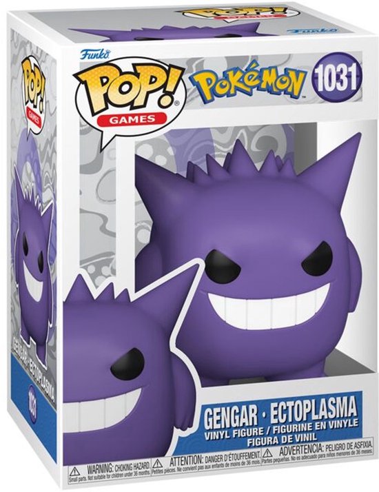 Gengar Ectoplasma Funko Pop #1031 in verpakking. De paarse figuur heeft zwarte ogen en een brede grijns.