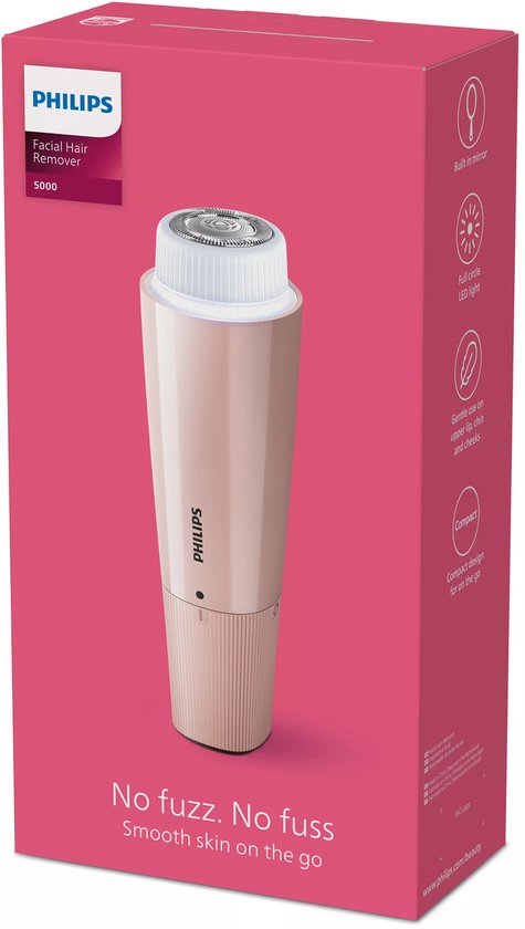 Roze Philips gezichtshaarverwijderaar 5000 serie in verpakking met 'No fuzz. No fuss.'.