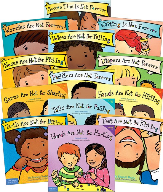Een stapel kinderboeken met illustraties van kinderen, elk met een titel over gedrag.