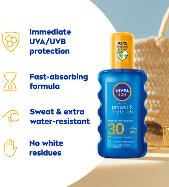 NIVEA SUN Protect & Dry Touch Transparante Zonnebrand Spray - SPF 30 - Sport Zonnespray - Waterproof - Geen witte strepen - 200 ml