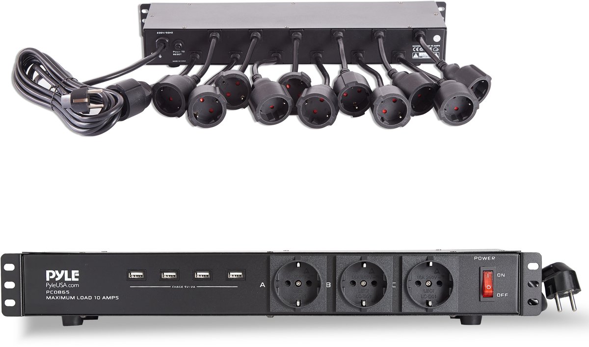 Pyle Stekkerdoos met Overspanning, 19 Stopcontacten, 15 Ampère Zekering, 4 USB Oplaadpoorten-Rackmontage, 4.50m Kabel
