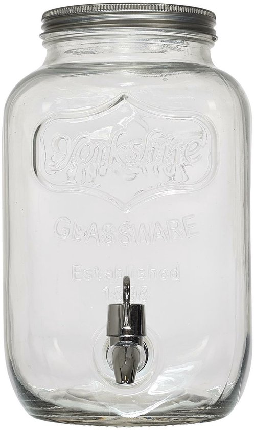 Glazen drankdispenser/limonadetap met geel/wit geblokte dop 3,5 literï¿½- Tapkraantje