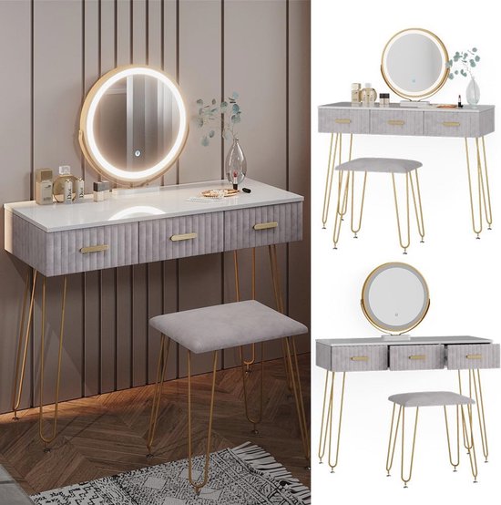 Saimeihome Make-uptafel met spiegel en kruk, zwart, kaptafel met verlichting, 3 verschillende lichtkleurmodi, make-uptafel voor slaapkamer en kinderkamer, 80 x 34 x 130 cm SE30