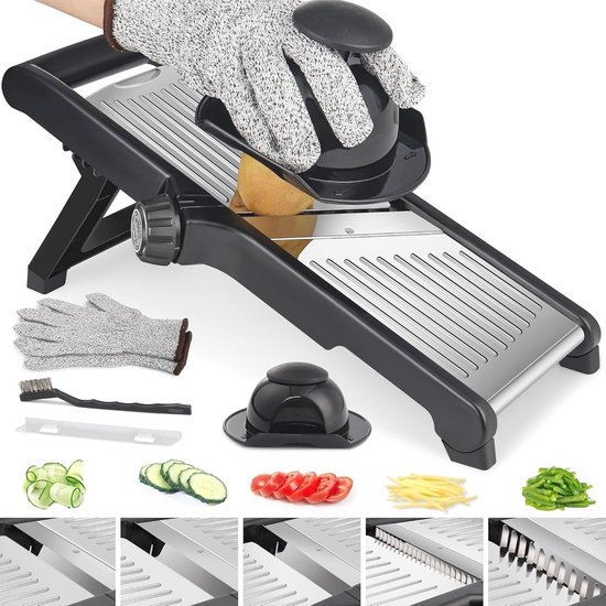 MASTERTOP Mandoline Groenteschaaf, roestvrij staal, 5-in-1 verstelbare groentesnijder, rasp voor groenten, komkommerschaaf, dunne schijven, multifunctionele keukenrasp, keukengadgets