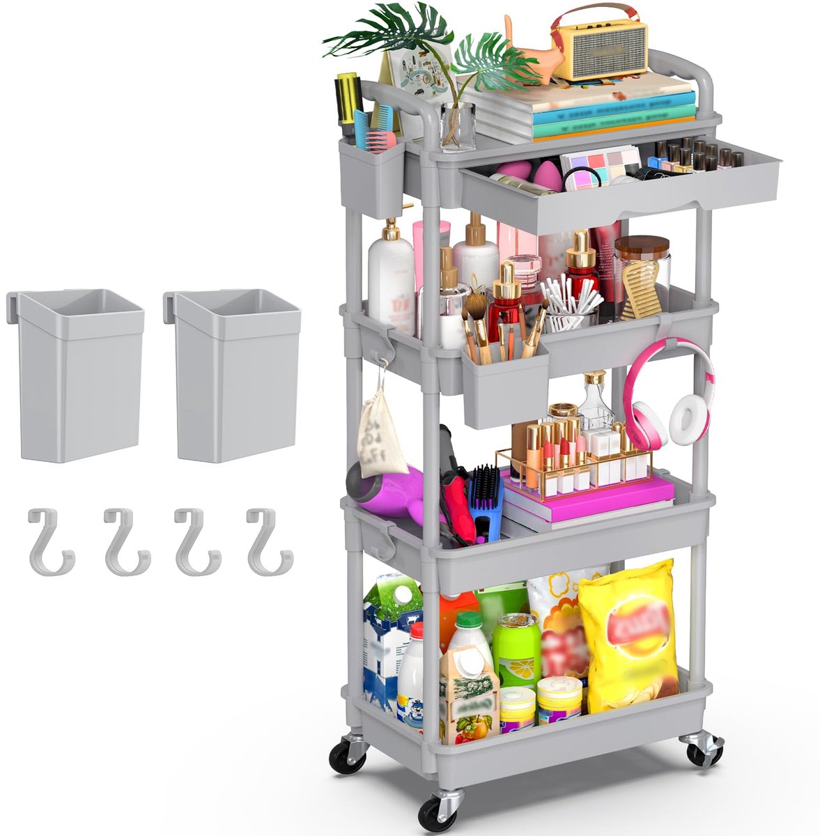 Ibenzoa® Tijdloze en Praktische Vierlaagse Opslagwagen met Schuiflade en Vergrendelbare Wielen voor Elk Interieur