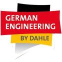 Logo met de tekst 'German Engineering by Dahle' op een rode en gele achtergrond.