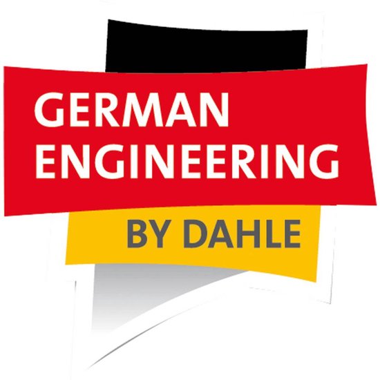 Logo met de tekst 'German Engineering by Dahle' op een rode en gele achtergrond.