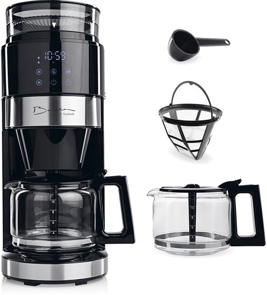 Barista koffiemachine met molen | Filterkoffiezetapparaat met glazen kan | 900W filtermachine met touchdisplay en timerfunctie voor tot 10 kopjes | 1,25 liter koffiekan | Voor bonen en gemalen koffie
