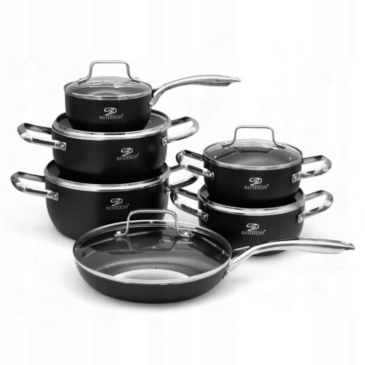 Meyerhoff Premium Pannenset 12‑delig – Aluminium – Zwart – Inclusief Koekenpan, Steelpan & Glazen Deksels – Geschikt voor Inductie