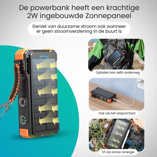 Zwarte en oranje powerbank met zonnepaneel, tonen opladen onderweg, via stopcontact en via zonne-energie.