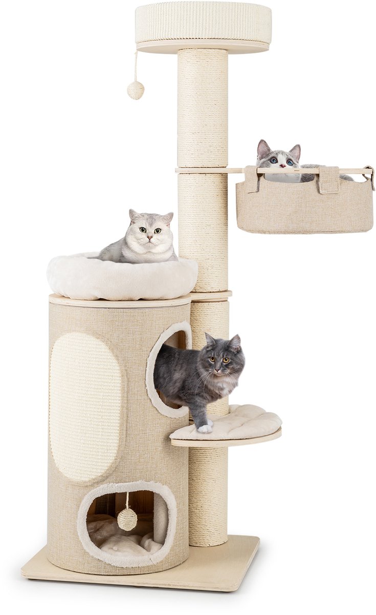 COSTWAY Krabpaal, kattenboom met 2 verdiepingen, hangmat, afneembaar bed, sisalplank, speelbal, kattenkrabpaal, kattenmeubel, klimboom, activiteitsboom, beige + natuur