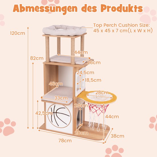 Afmetingen van de kattenboom: 120 cm hoog, 78 cm breed, 38 cm diep. Gedetailleerde maten van de onderdelen.
